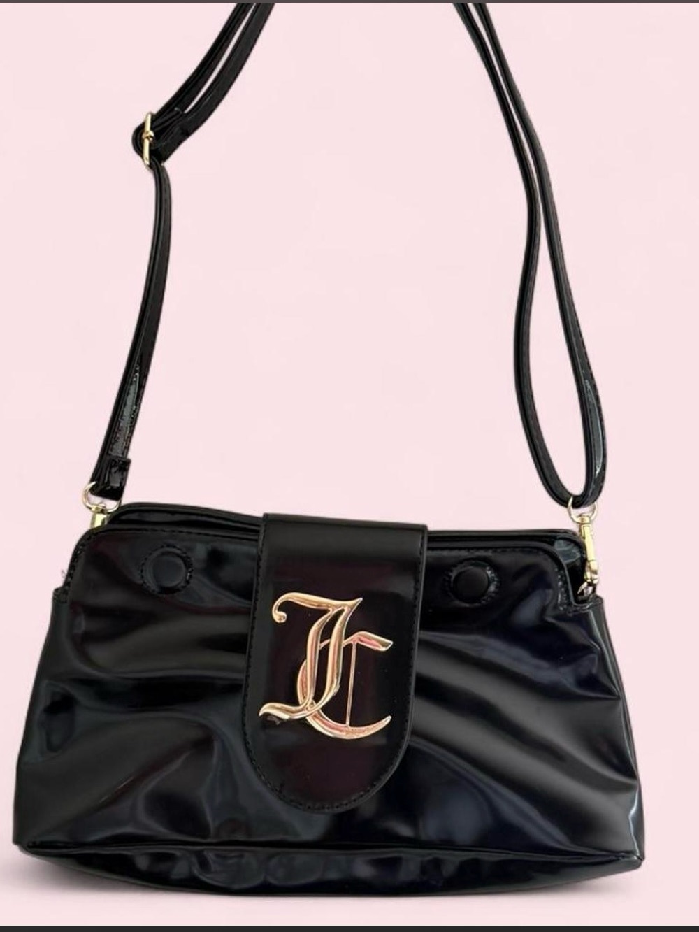 Juicy Couture Black Patent Shoulder Bag with Gold Monogram